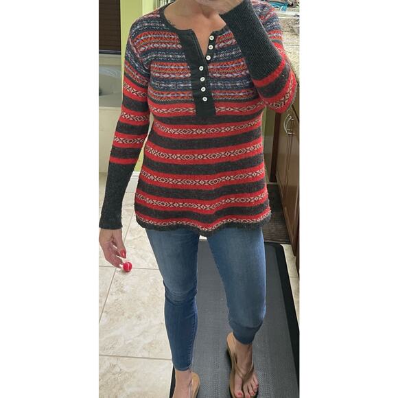 Free People Wool Alpaca Blend Striped Crew Neck Geometric shirt red and black XS - Picture 3 of 8